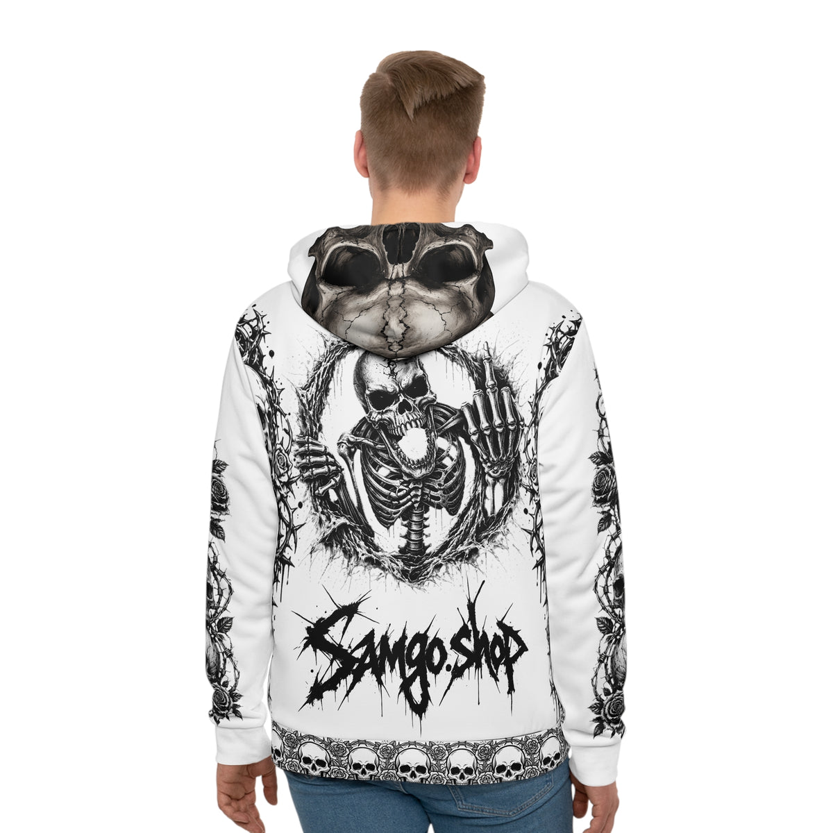 White-King skull Men's Hoodie — 'Infamous' Gothic All-Over Print