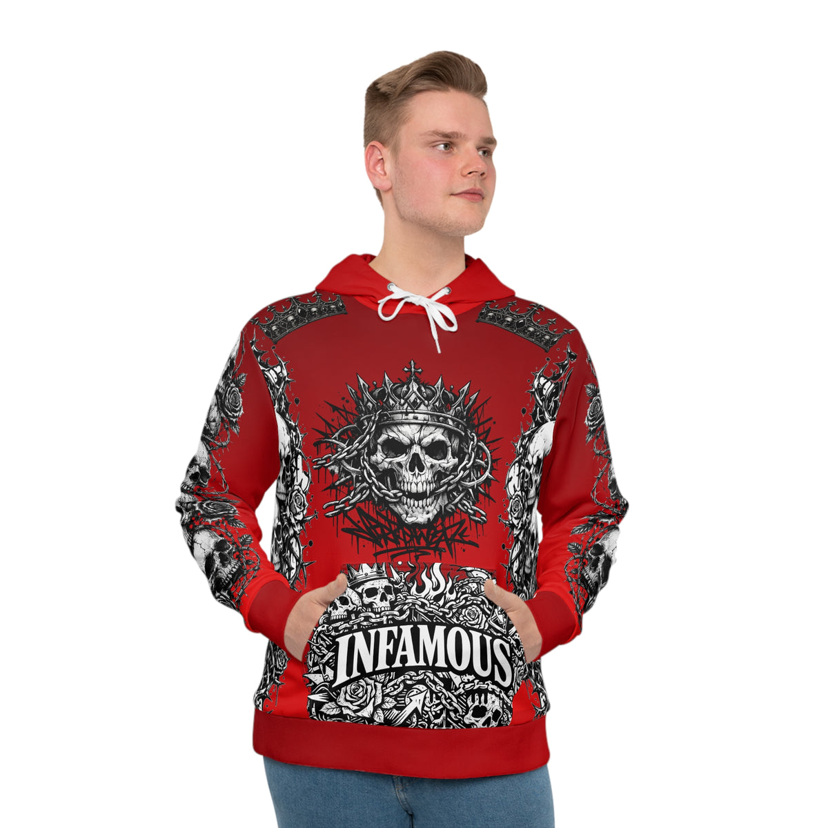 Red-King skull Men's Hoodie — 'Infamous' Gothic All-Over Print