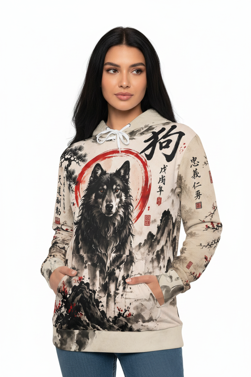 Dog Zodiac Ink-Style Hoodie – Chinese Year of the Dog Artwork AOP